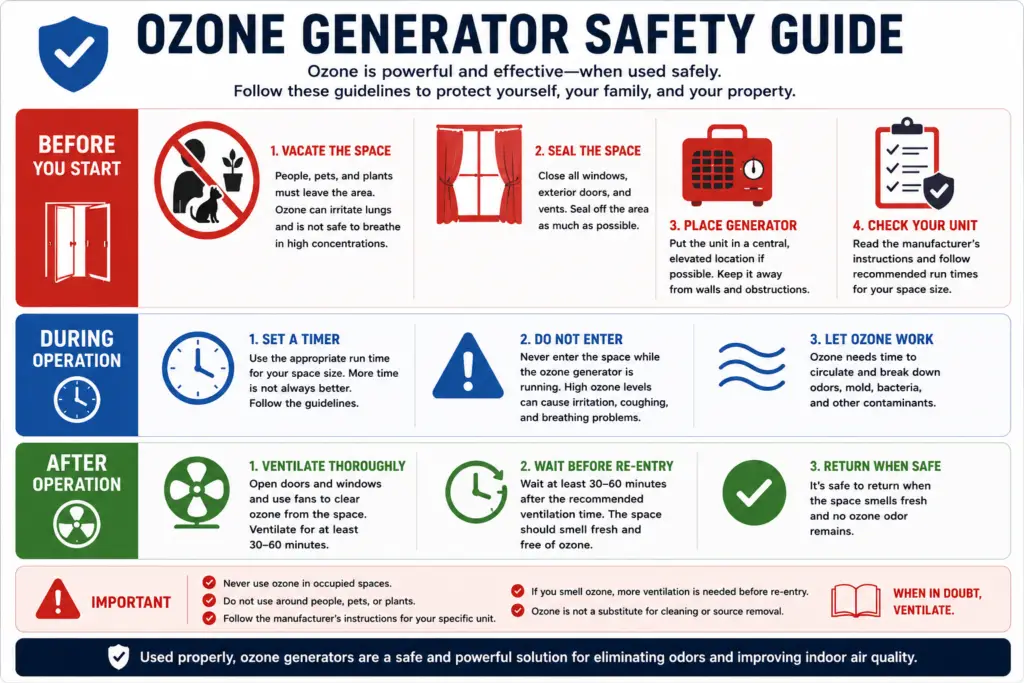 Ozone generator safety guide showing proper preparation, treatment, ventilation, and safe re-entry after ozone use.