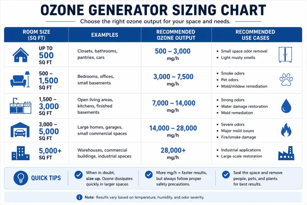 Ozone generator sizing chart showing recommended ozone output by room size and common odor removal applications.