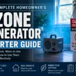 Ozone generator starter guide showing safe ozone treatment in a home with a warning sign and proper ventilation precautions.