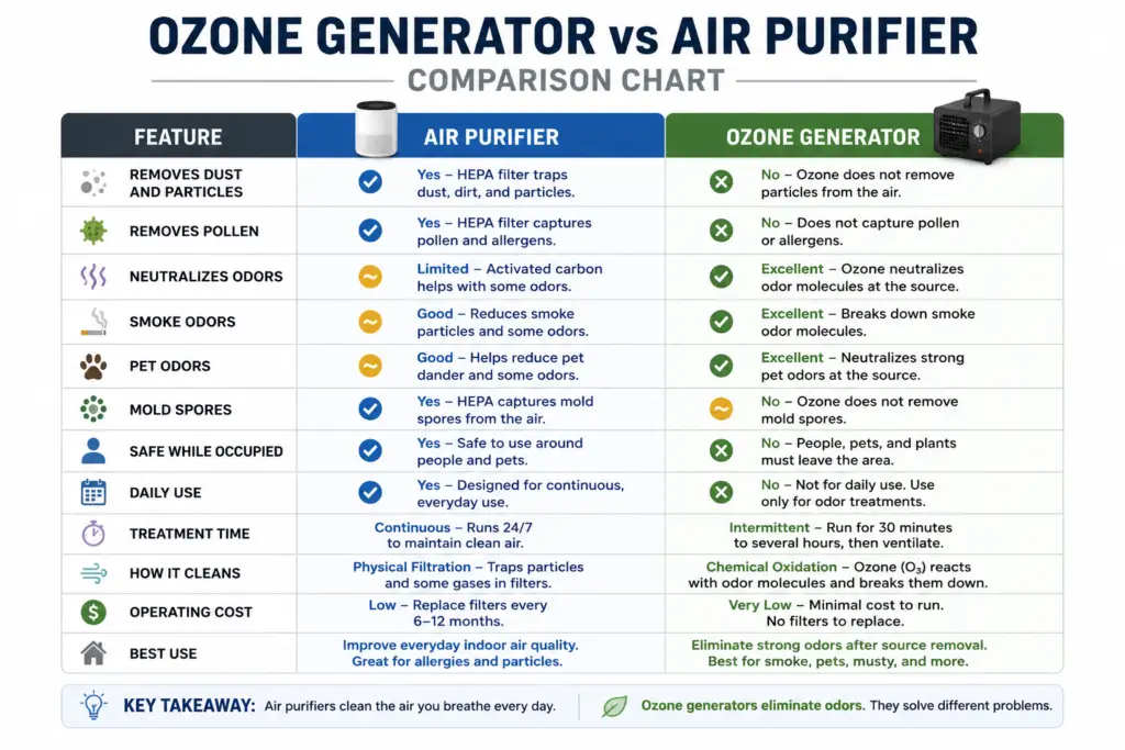 Comparison chart showing the differences between ozone generators and air purifiers, including particle removal, odor control, safety, daily use, and best applications.