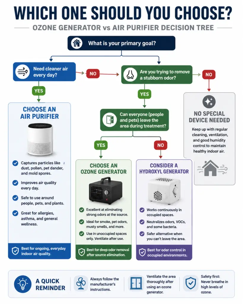 Decision tree infographic helping homeowners choose between an air purifier, ozone generator, or hydroxyl generator based on air quality needs, odor problems, and occupancy.