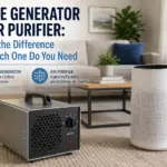 Editorial illustration comparing an ozone generator and a HEPA air purifier in a home living room, highlighting the differences between odor removal and air filtration.