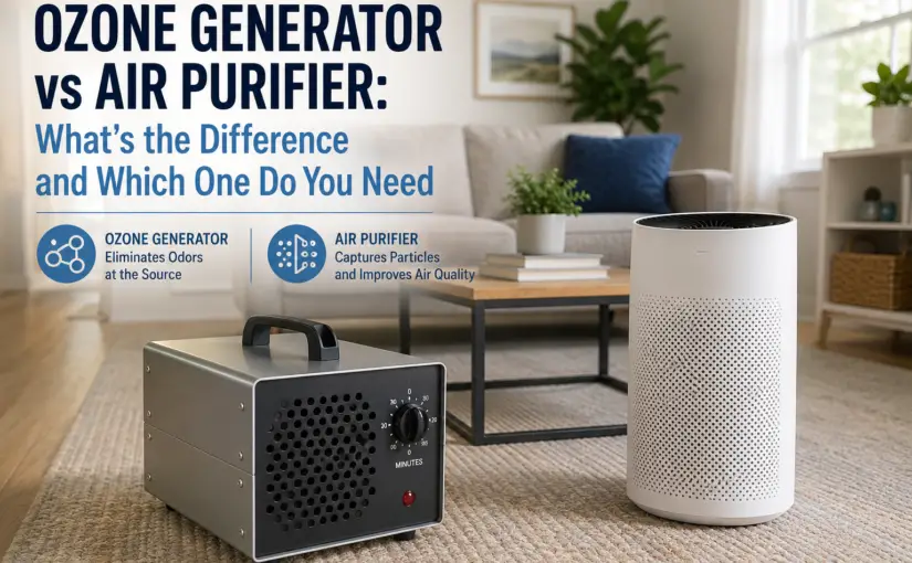 Editorial illustration comparing an ozone generator and a HEPA air purifier in a home living room, highlighting the differences between odor removal and air filtration.