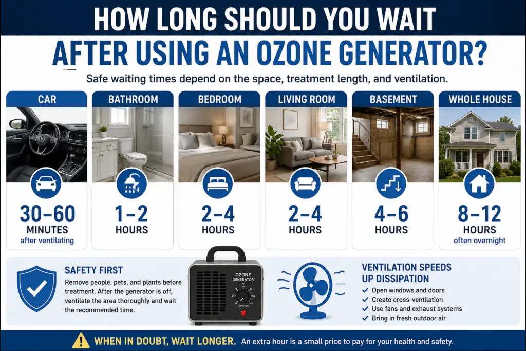 Recommended waiting times after using an ozone generator in a car, bathroom, bedroom, living room, basement, and whole house.