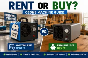 Comparison of renting versus buying an ozone machine showing a rental ozone generator at a rental counter and a purchased ozone generator in a home workshop
