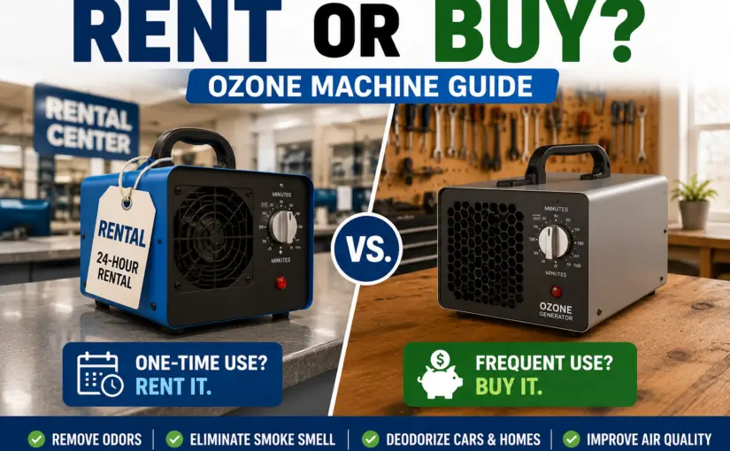 Comparison of renting versus buying an ozone machine showing a rental ozone generator at a rental counter and a purchased ozone generator in a home workshop