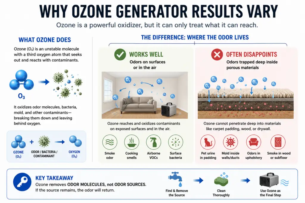 Infographic showing why ozone generator treatments succeed on surface odors but fail when contamination is trapped inside porous materials