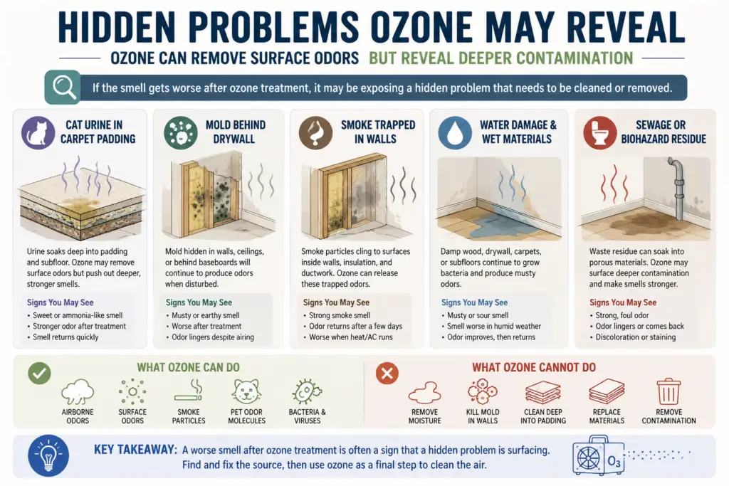 Diagram explaining how ozone treatment can expose hidden contamination such as mold, smoke residue, pet urine, and water damage that continue causing odors