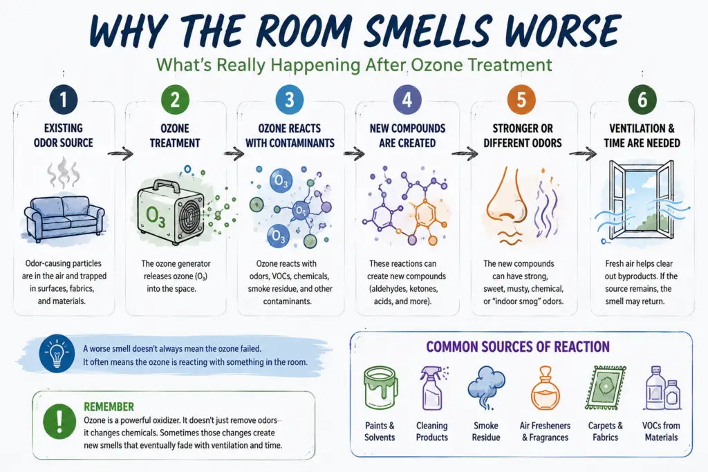 Flowchart showing how ozone treatment can react with smoke residue, cleaning chemicals, VOCs, and other contaminants to create stronger odors.