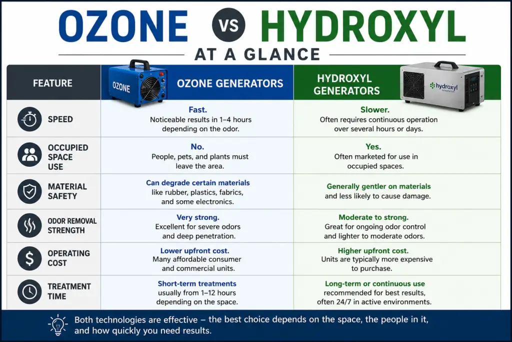 Ozone vs hydroxyl generator comparison chart showing differences in speed, occupied-space use, material safety, odor removal strength, operating cost, and treatment time