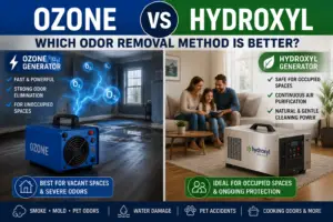 Side-by-side comparison of ozone and hydroxyl generators for smoke, mold, pet odors, and water damage odor removal
