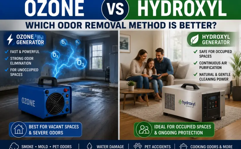 Side-by-side comparison of ozone and hydroxyl generators for smoke, mold, pet odors, and water damage odor removal