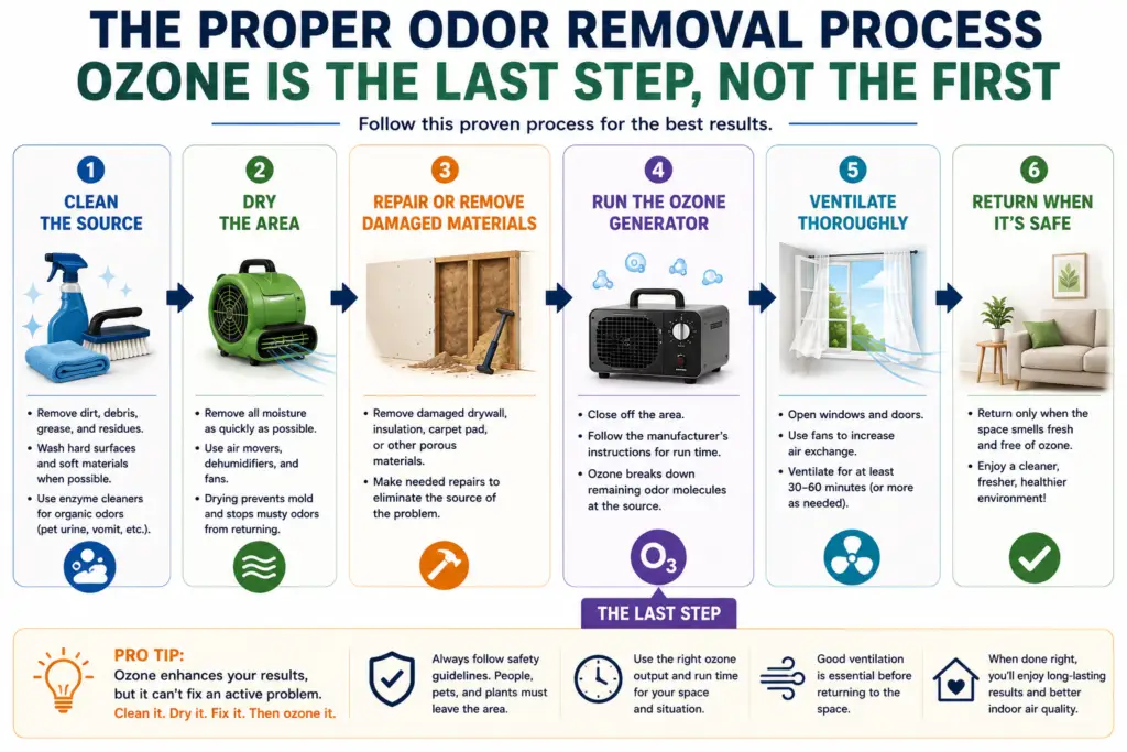 Infographic showing the proper odor removal process: clean, dry, repair damaged materials, use ozone, ventilate, and return when safe.
