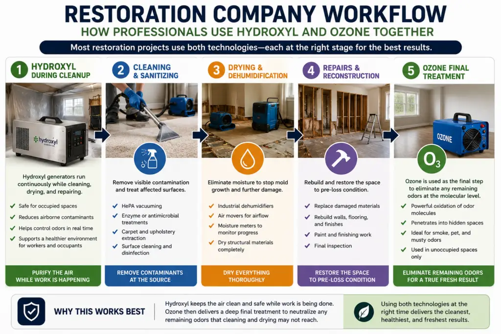 Diagram showing how restoration companies use hydroxyl generators during cleaning and drying, followed by ozone treatment for final odor removal