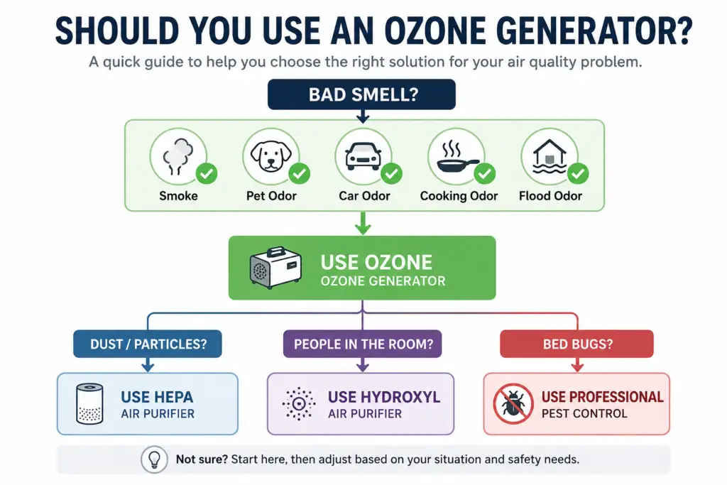 Decision chart showing when to use an ozone generator versus an air purifier, hydroxyl generator, or other odor removal method