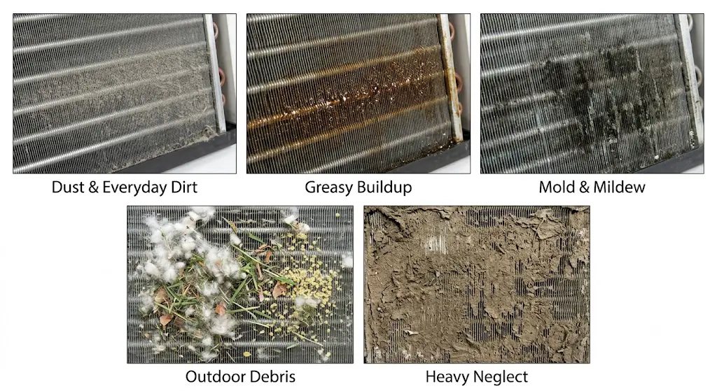 Examples of dust, grease, mold, outdoor debris, and heavy buildup on AC coils