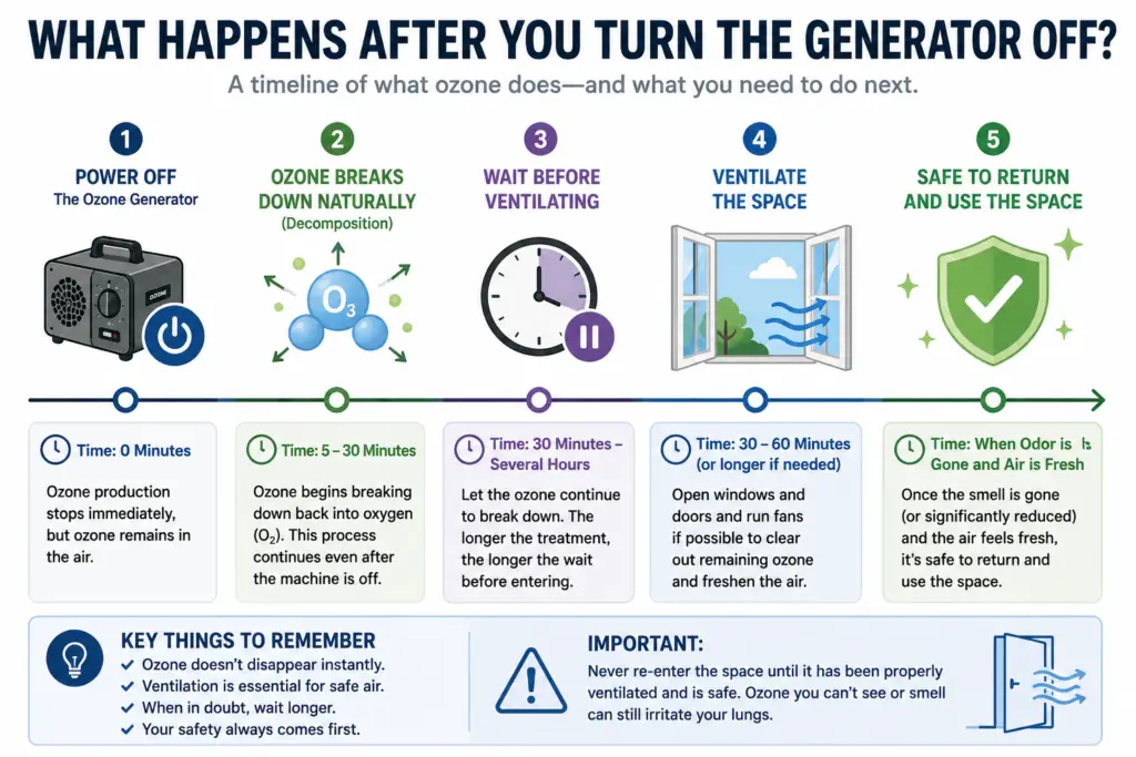 Timeline explaining what happens after an ozone generator is turned off, including ozone breakdown, ventilation, and safe reentry