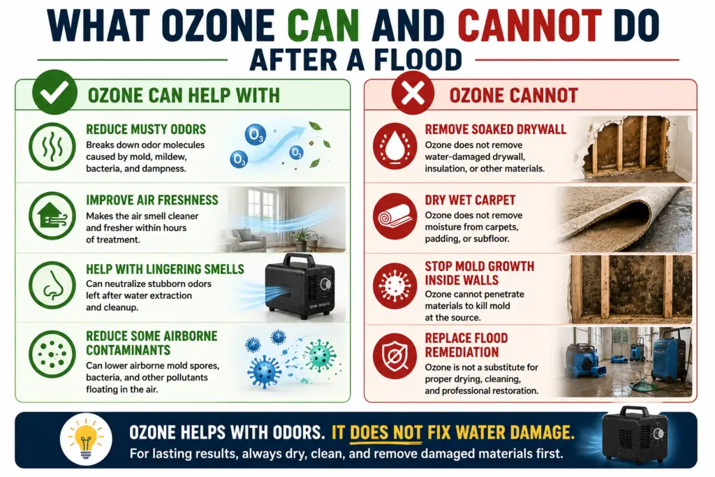 Flood cleanup infographic showing how ozone can reduce musty odors but cannot dry wet materials, remove water damage, or stop mold growth inside walls
