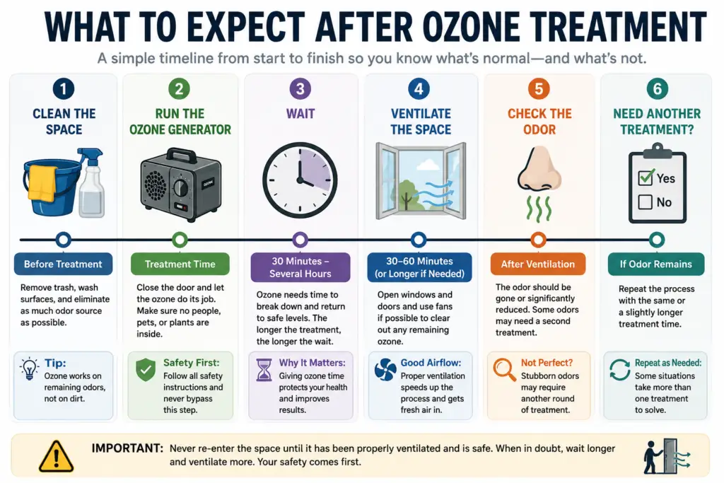 Timeline showing what to expect after an ozone treatment, including waiting, ventilation, odor evaluation, and repeat treatment if needed.