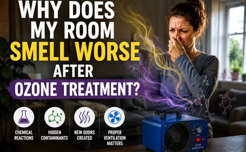 Person reacting to a new smell after ozone treatment illustrating chemical reactions and hidden contaminants after using an ozone generator