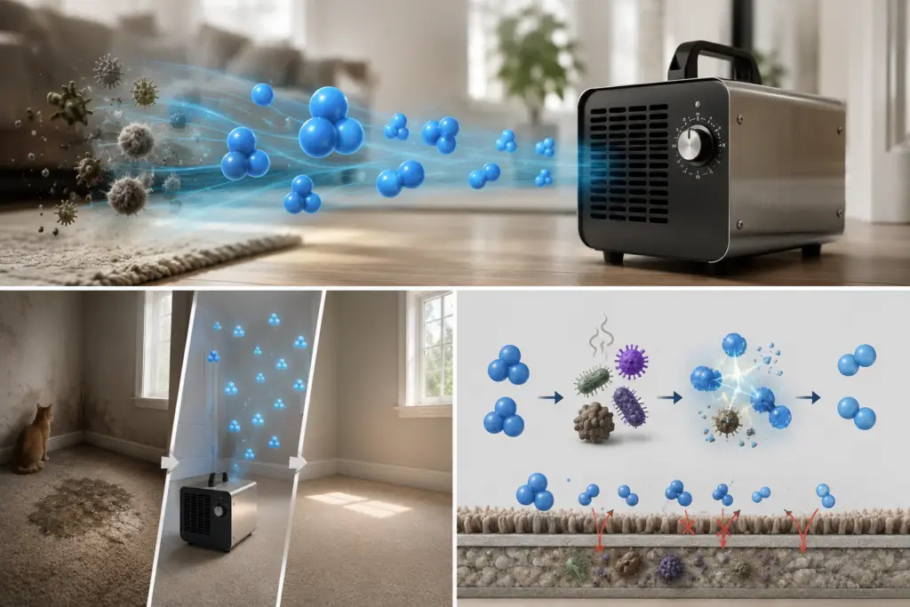 Ozone generator removing airborne odors while contamination remains trapped deep inside carpet padding