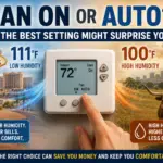Thermostat showing fan ON and AUTO settings with a comparison of dry desert heat and humid summer conditions.
