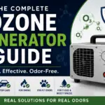 Featured image for a homeowner's ozone generator safety guide showing a professional ozone generator beside the title "The Complete Ozone Generator Guide" with a prominent Safety First shield and icons representing home odor removal, vehicles, smoke odors, pet odors, and flood or musty odor restoration.