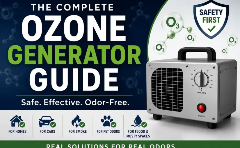 Featured image for a homeowner's ozone generator safety guide showing a professional ozone generator beside the title "The Complete Ozone Generator Guide" with a prominent Safety First shield and icons representing home odor removal, vehicles, smoke odors, pet odors, and flood or musty odor restoration.