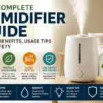Complete humidifier guide infographic showing a cool mist humidifier with sections covering humidifier types, benefits, usage tips, and safety.