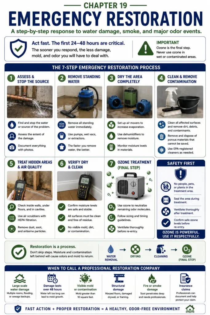Educational infographic illustrating the complete emergency restoration workflow from Emergency → Water Damage → Drying → Cleaning → Filtration → Restoration → Ozone Finishing Treatment. The graphic emphasizes that ozone is the final step in the restoration process and should only be used after water removal, drying, cleaning, and filtration are complete.