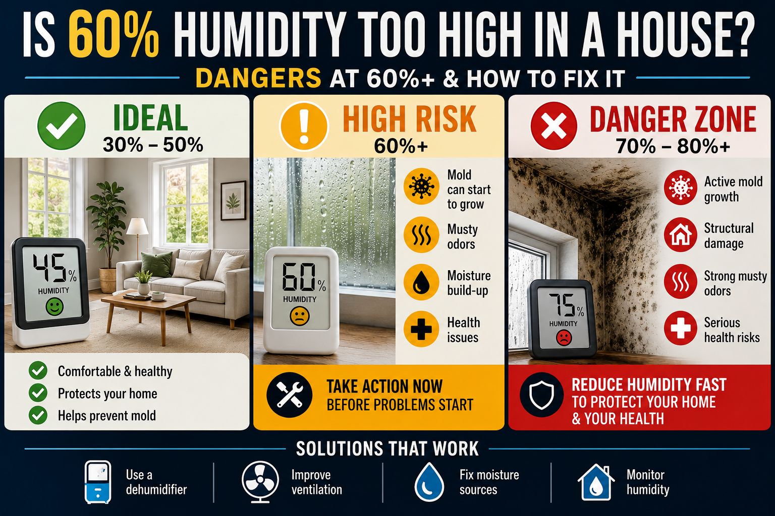 Infographic showing ideal indoor humidity (30–50%), increased mold risk at 60% humidity, and danger zone at 70–80%+ with tips to reduce indoor moisture.