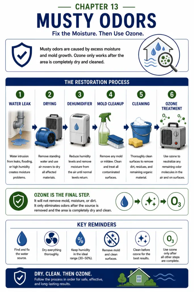 Educational infographic showing the proper restoration process for musty odors. The workflow illustrates Water Leak → Drying → Dehumidifier → Mold Cleanup → Cleaning → Ozone Treatment, emphasizing that ozone is the final step after moisture problems are corrected, mold is removed, and all affected surfaces are cleaned and thoroughly dried.