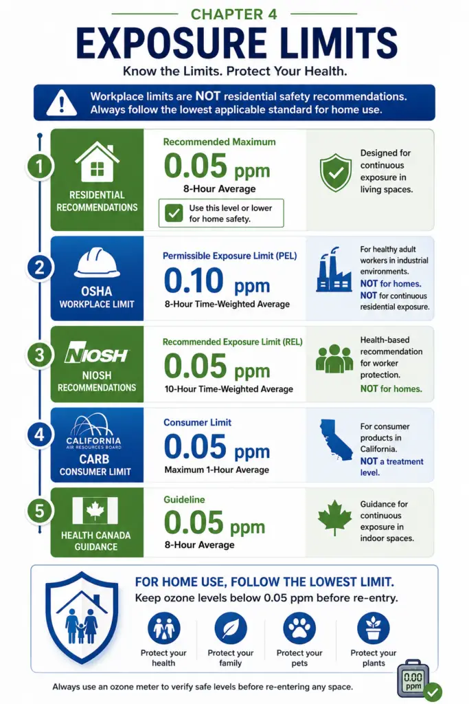 Vertical educational infographic comparing residential ozone exposure recommendations with OSHA workplace limits, NIOSH recommendations, CARB consumer limits, and Health Canada guidance. The graphic clearly emphasizes that workplace exposure limits are not residential safety recommendations and that homeowners should follow the lowest applicable limit before re-entering a treated space.