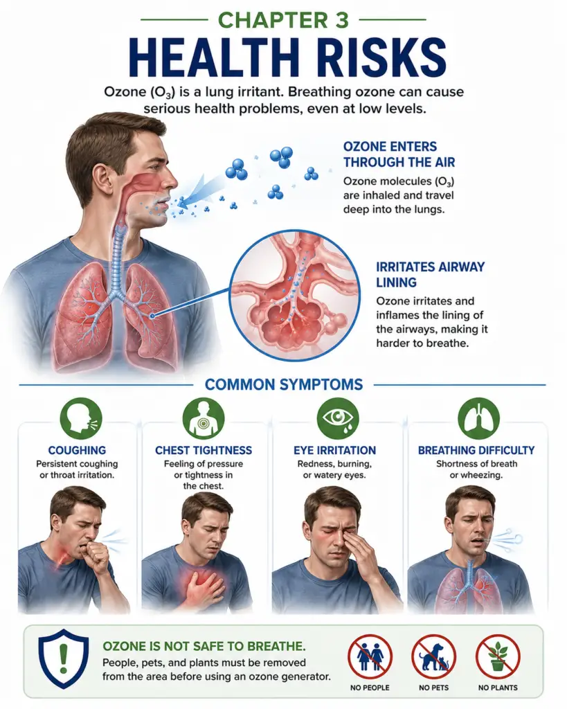Medical-style educational infographic illustrating how ozone enters the lungs and irritates the airway lining, with callouts showing common symptoms including coughing, chest tightness, eye irritation, and breathing difficulty. The graphic emphasizes that ozone generators should only be used in unoccupied spaces with no people, pets, or plants.