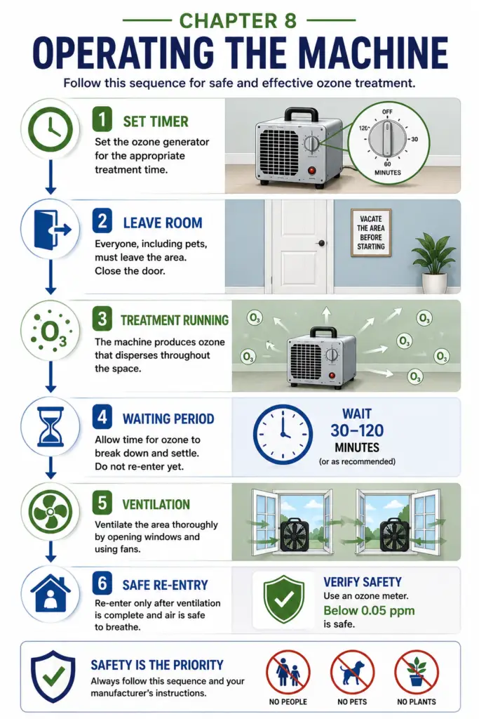 Step-by-step timeline infographic showing the correct sequence for operating an ozone generator: Set Timer, Leave Room, Treatment Running, Waiting Period, Ventilation, and Safe Re-entry. The educational graphic emphasizes that the area must remain unoccupied during treatment and that ventilation and safe ozone levels should be verified before re-entering