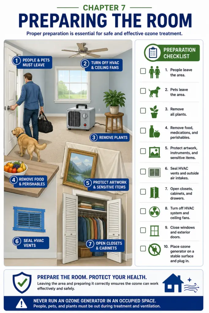 Educational infographic showing how to prepare a room before ozone treatment. The illustration depicts people, pets, plants, food, and sensitive items being removed, HVAC vents sealed, closets opened, and includes a homeowner preparation checklist emphasizing that ozone generators should only be operated in unoccupied spaces.