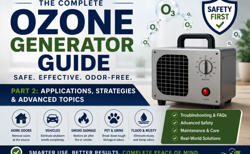 Featured image for Part 2 of a homeowner's ozone generator safety guide covering practical applications, troubleshooting, restoration strategies, vehicle treatments, smoke odors, pet odors, musty odors, and advanced ozone safety practices.