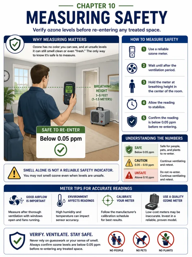 Educational infographic showing a homeowner using an ozone meter at breathing height to verify ozone levels after treatment. The digital display reads below 0.05 ppm, with a reminder that smell alone is not a reliable indicator of ozone safety before re-entering the room.