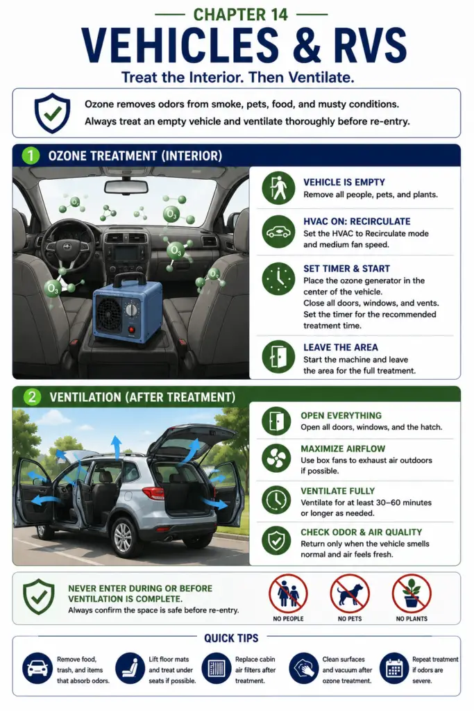 Educational infographic showing the proper use of an ozone generator inside an empty vehicle with the HVAC system set to Recirculate, followed by post-treatment ventilation with all doors and the rear hatch open. The graphic emphasizes treating only unoccupied vehicles and thoroughly ventilating before safe re-entry