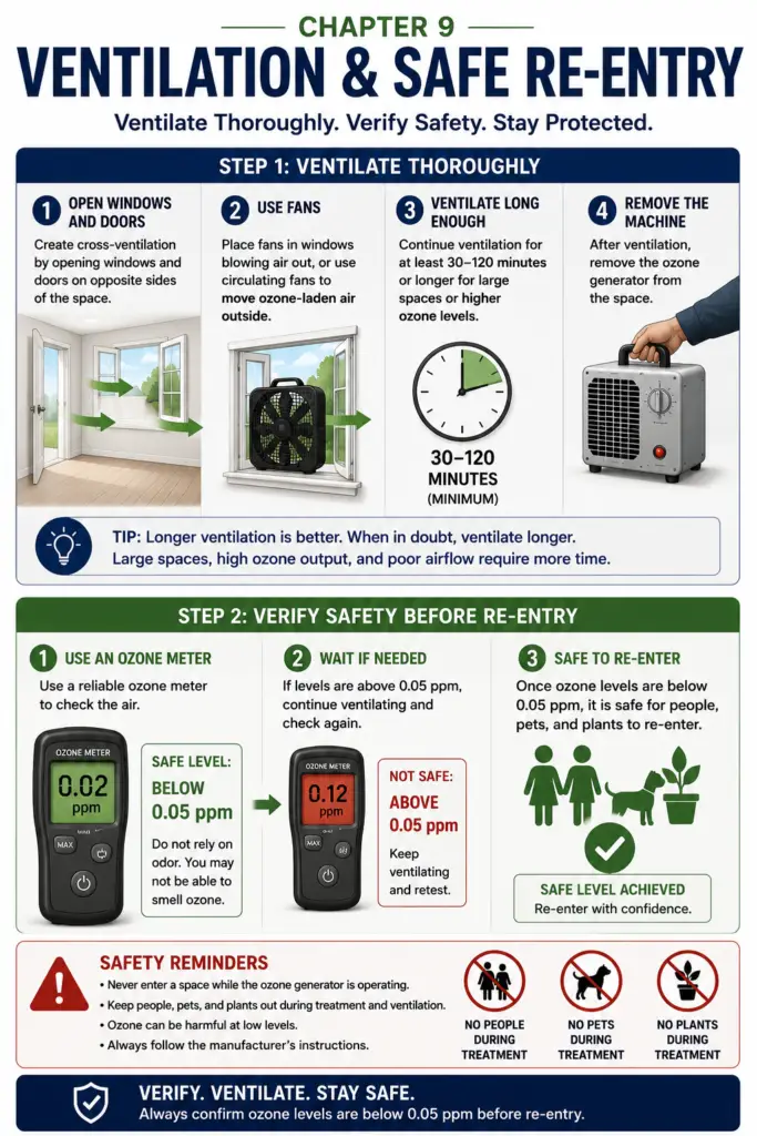 Educational infographic demonstrating proper ventilation and safe re-entry after ozone treatment. The illustration shows cross ventilation using open windows with box fans exhausting ozone-contaminated air outdoors while fresh air enters from the opposite side, followed by ozone meter verification below 0.05 ppm before people, pets, and plants safely re-enter the room.