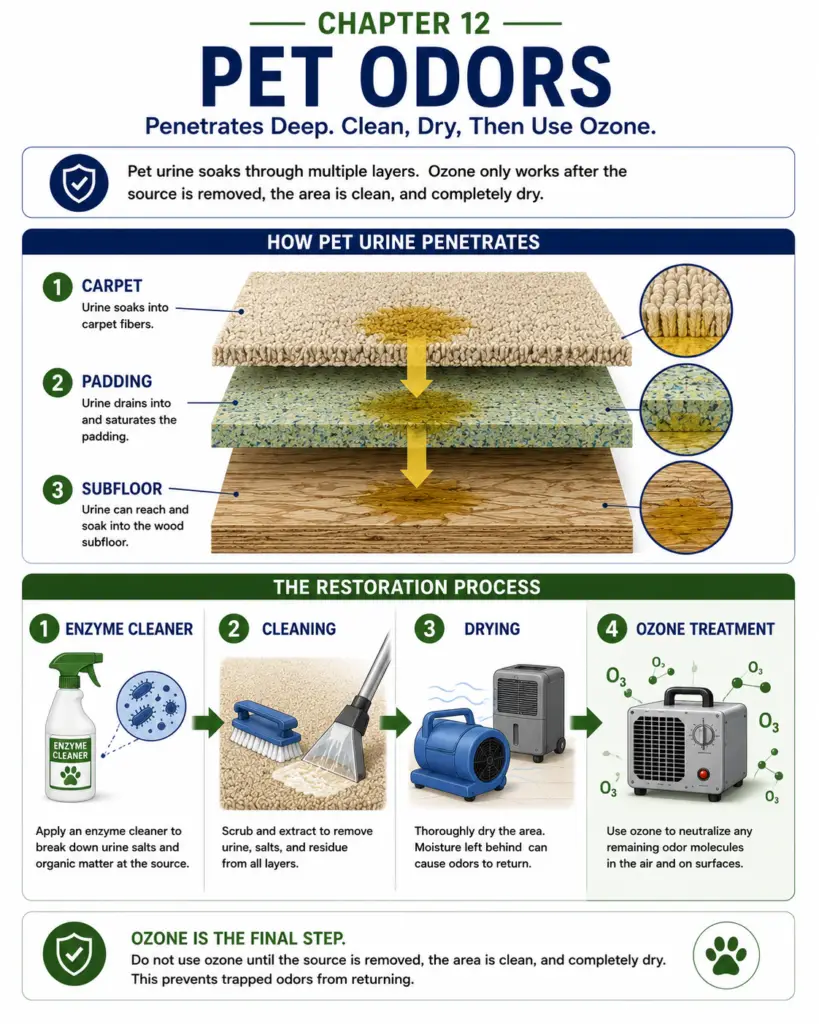 Educational infographic illustrating how pet urine penetrates through carpet, padding, and the subfloor, followed by the proper restoration sequence of Enzyme Cleaner → Cleaning → Drying → Ozone Treatment. The graphic emphasizes that ozone should only be used as the final step after the odor source has been removed and the area is completely dry