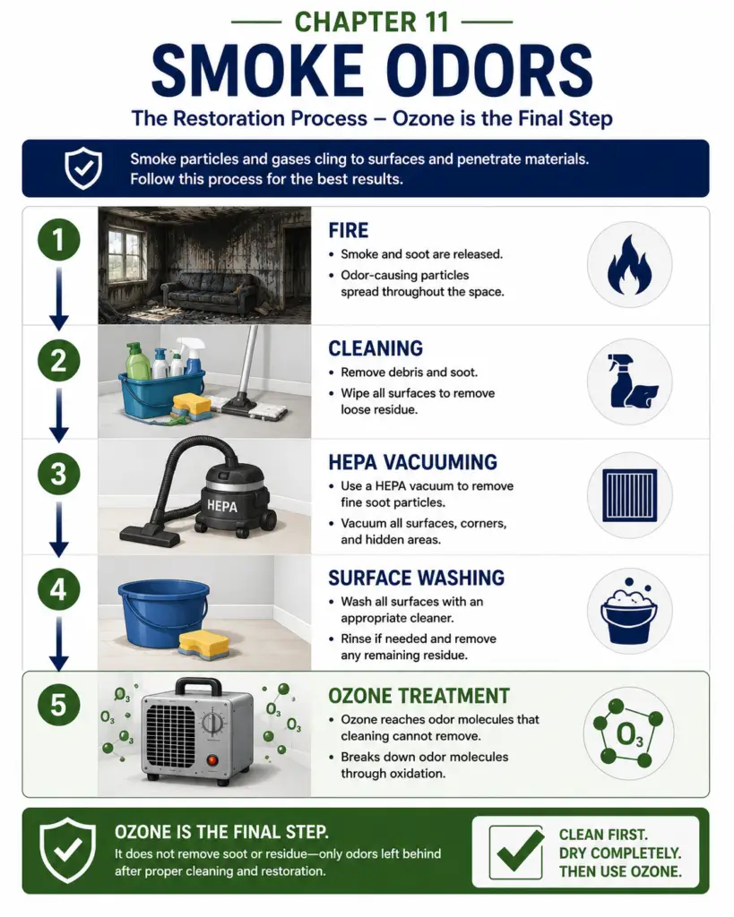 Educational infographic illustrating the proper smoke odor restoration process after a fire. The workflow shows Fire → Cleaning → HEPA Vacuuming → Surface Washing → Ozone Treatment, emphasizing that ozone is the final step used only after soot removal and thorough cleaning to eliminate remaining smoke odors.