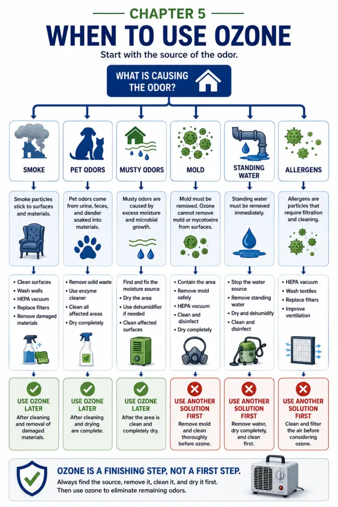 Decision tree infographic helping homeowners determine when ozone treatment is appropriate. The flowchart begins with "What is causing the odor?" and branches into smoke, pet odors, musty odors, mold, standing water, and allergens, ending with either "Use Ozone Later" or "Use Another Solution First" to emphasize that ozone is a finishing step after cleaning, drying, and source removal.
